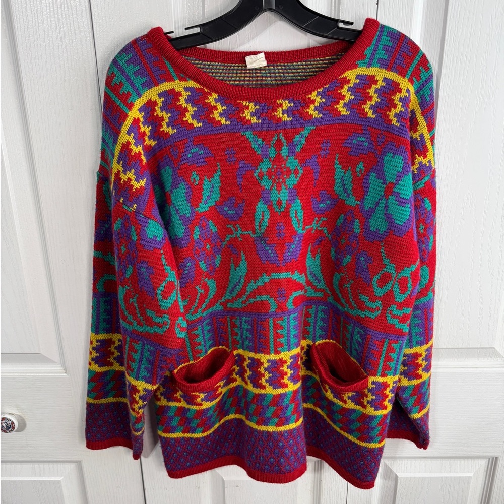 Vintageβ multicolored multi pattern wool blend sweater with pockets
